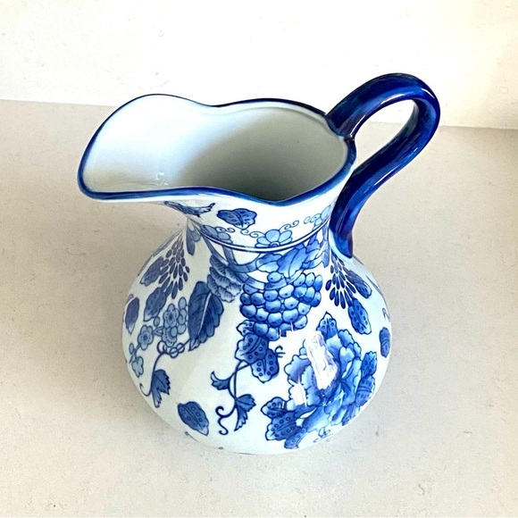 Asian Blue and White Floral Porcelain Pitcher - Picture 7 of 8